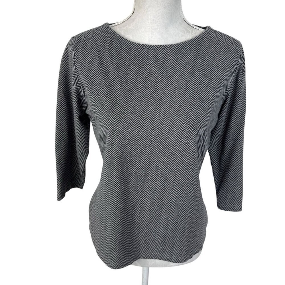 Talbots Petites Women's‎ SP 3/4 Sleeve Black Herringbone Knit Boatneck Top